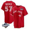 Johmsee T.Blue Jays #57 Shane Bieber Player Red 2025 World Series All Stitched Jerseys