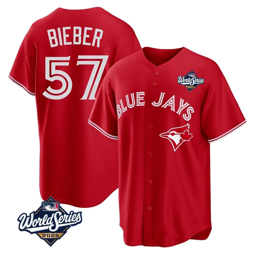 Johmsee T.Blue Jays #57 Shane Bieber Player Red 2025 World Series All Stitched Jerseys