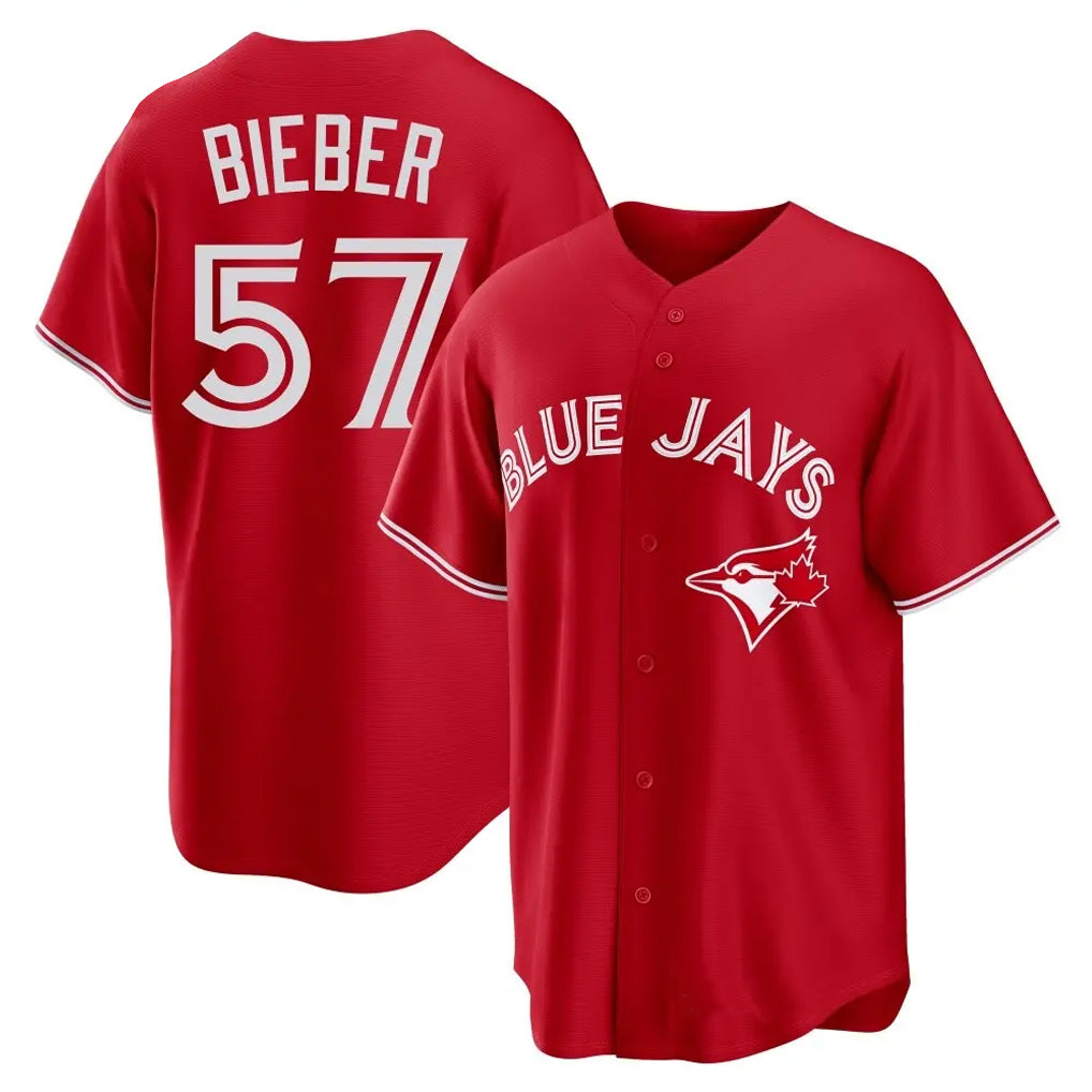 Johmsee T.Blue Jays #57 Shane Bieber Player Red Home Stitched Jerseys