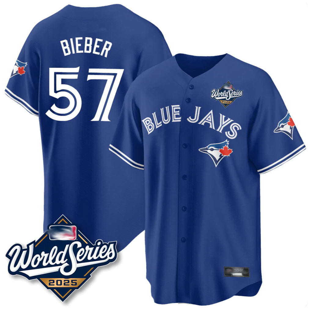 Johmsee T.Blue Jays #57 Shane Bieber Player Royal 2025 World Series All Stitched Jerseys