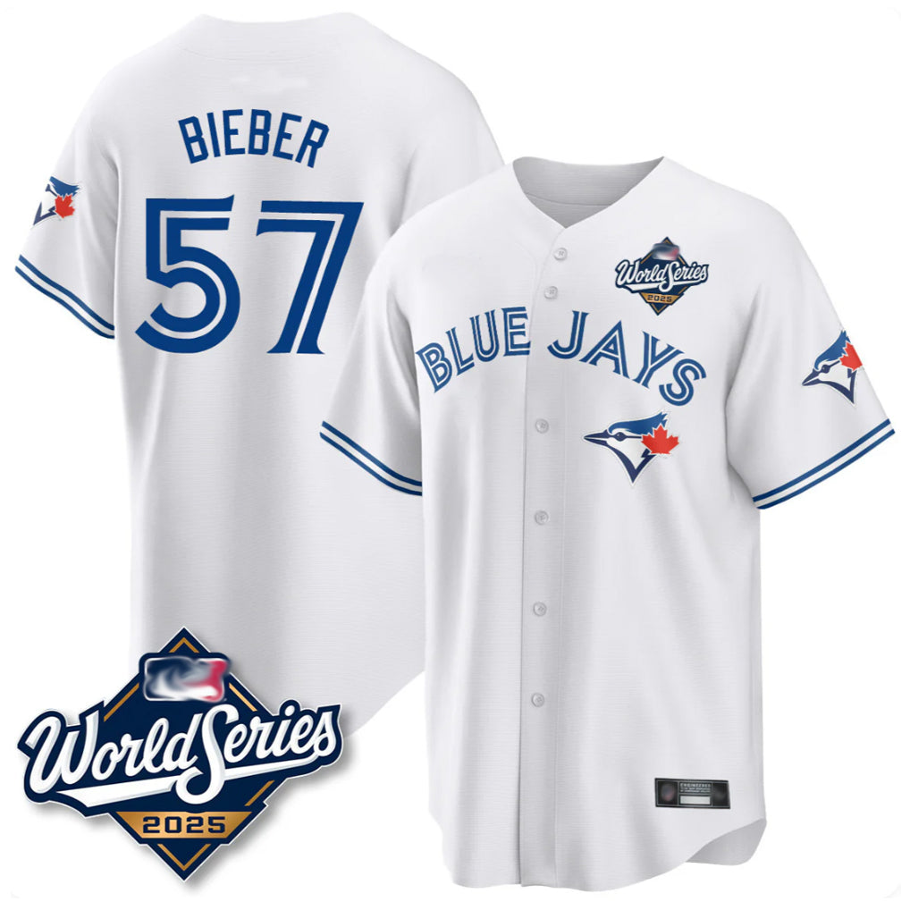 Johmsee T.Blue Jays #57 Shane Bieber Player White 2025 World Series All Stitched Jerseys