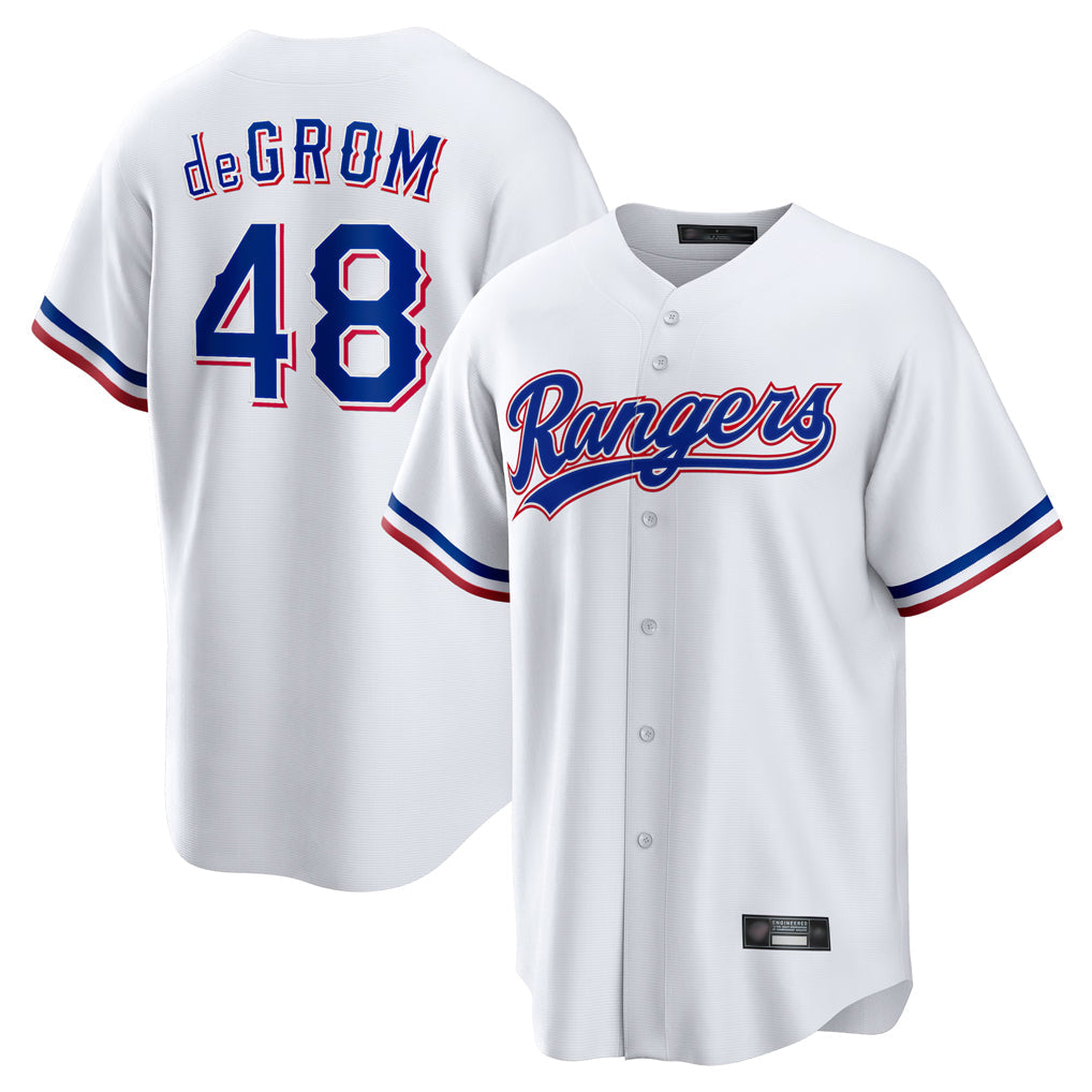 Johmsee T.Rangers #48 Jacob deGrom Player White Home Limited Game Stitched Jerseys