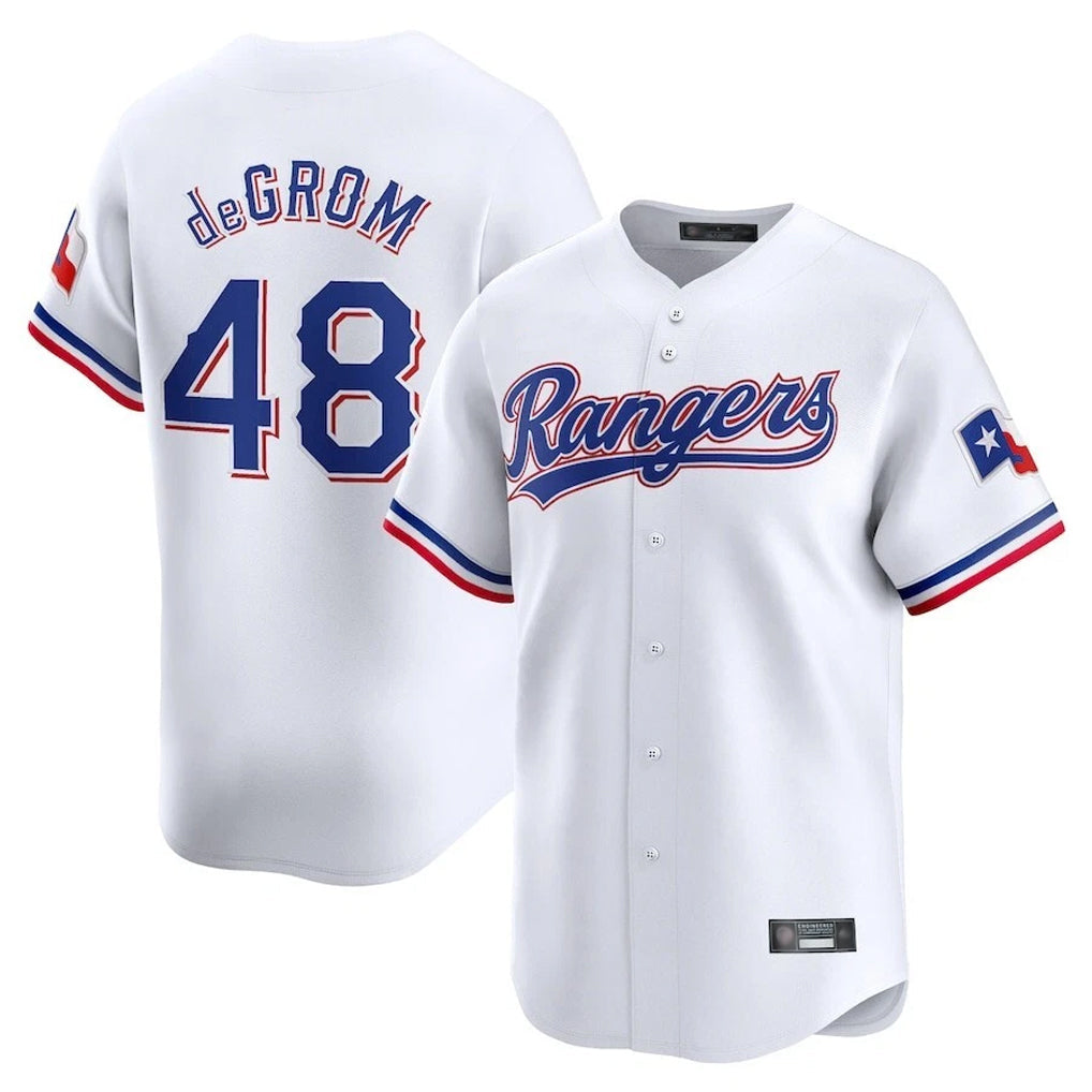 Johmsee T.Rangers #48 Jacob deGrom Player White Home Limited Stitched Jerseys