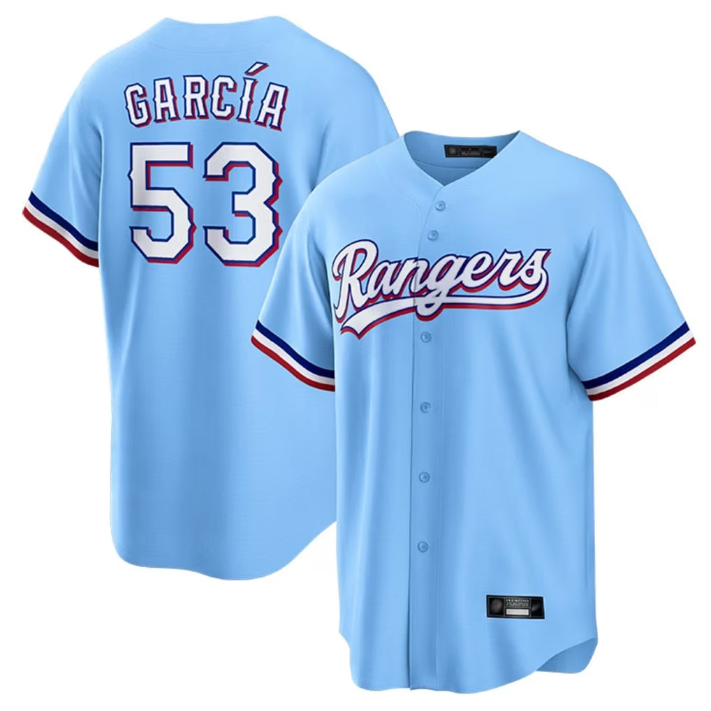 Johmsee T.Rangers #53 Adolis Garcia Player Light Blue Home Game Stitched Jerseys