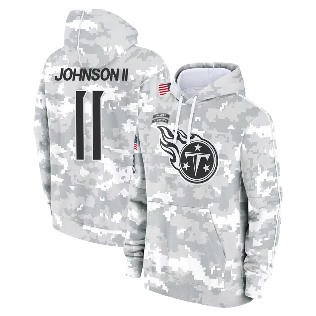 Johmsee T.Titans #11 Jermaine Johnson II Player Camo Arctic Salute to Service Pullover Hoodies Home Game Stitched Jerseys