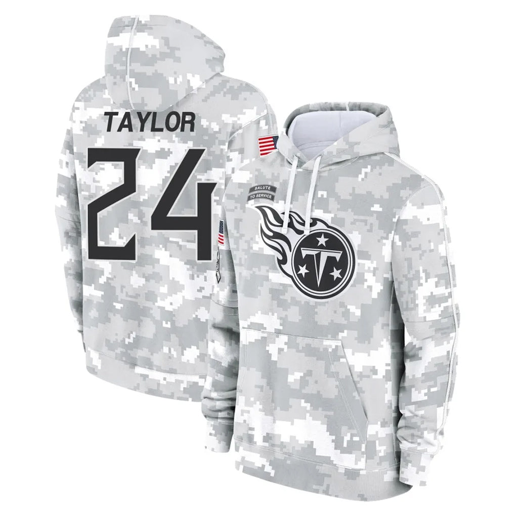 Johmsee T.Titans #24 Alontae Taylor Player Camo Arctic Salute to Service Pullover Hoodies Home Game Stitched Jerseys