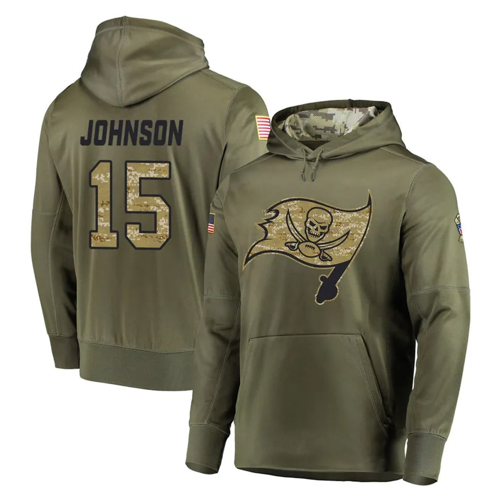 Johmsee TB.Buccaneers #15 Tez Johnson Player Olive Salute to Service Pullover Hoodie Home Game Stitched Jerseys