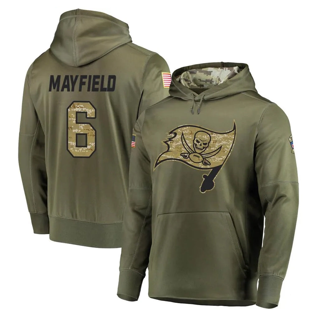 Johmsee TB.Buccaneers #6 Baker Mayfield Player Olive Salute to Service Pullover Hoodie Home Game Stitched Jerseys