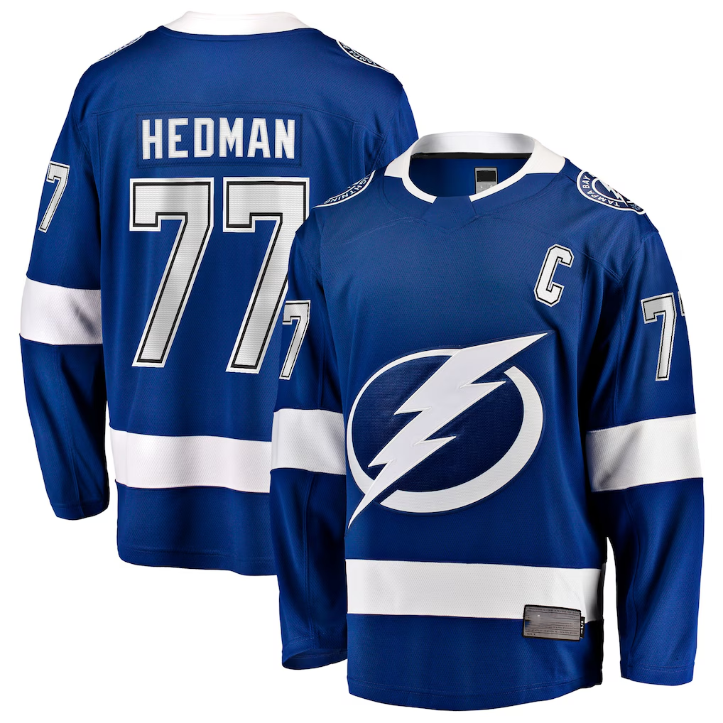 Johmsee TB.Lightning #77 Victor Hedman Blue Home Captain Patch Breakaway Jerseys