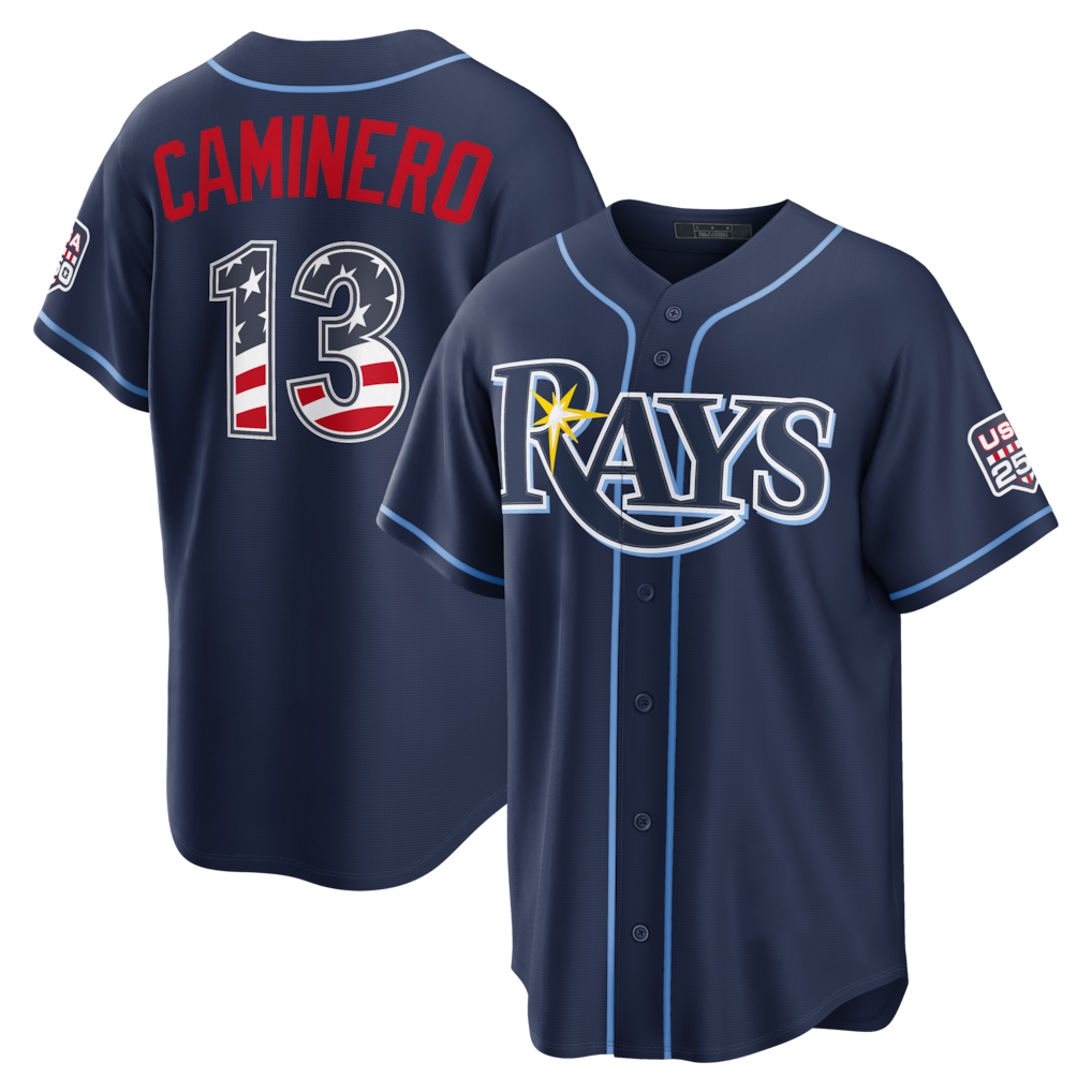 Johmsee TB.Rays #13 Junior Caminero Navy USA 250 Fourth of July Road Stadium Jersey