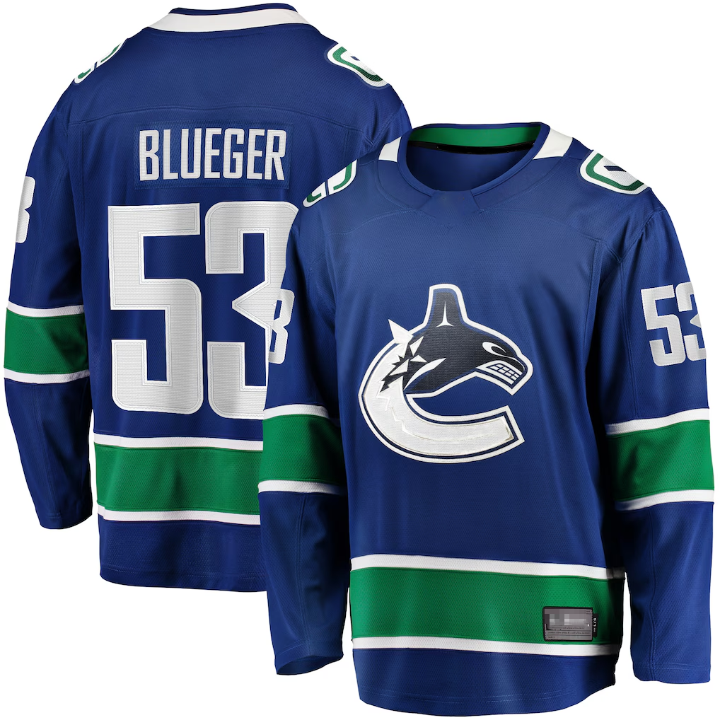 Johmsee V.Canucks #53 Teddy Blueger Blue Home Breakaway Jerseys