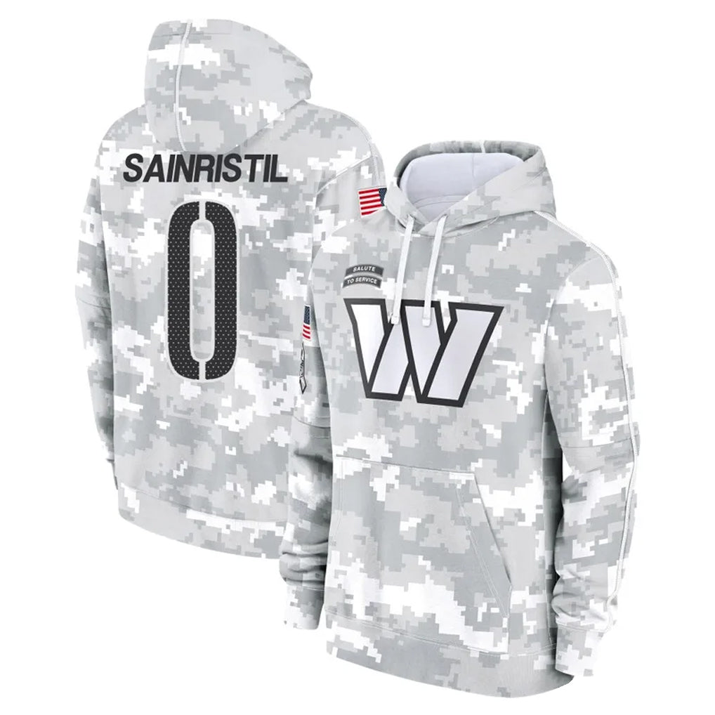 Johmsee W.Commanders #0 Mike Sainristil Player Arctic Camo Salute to Service Hoodies Stitched Jerseys
