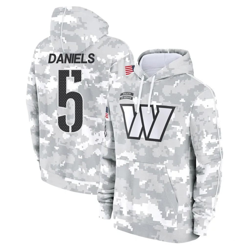 Johmsee W.Commanders #5 Jayden Daniels Player Arctic Camo Limited Salute to Service Pullover Hoodies Game Stitched Jerseys
