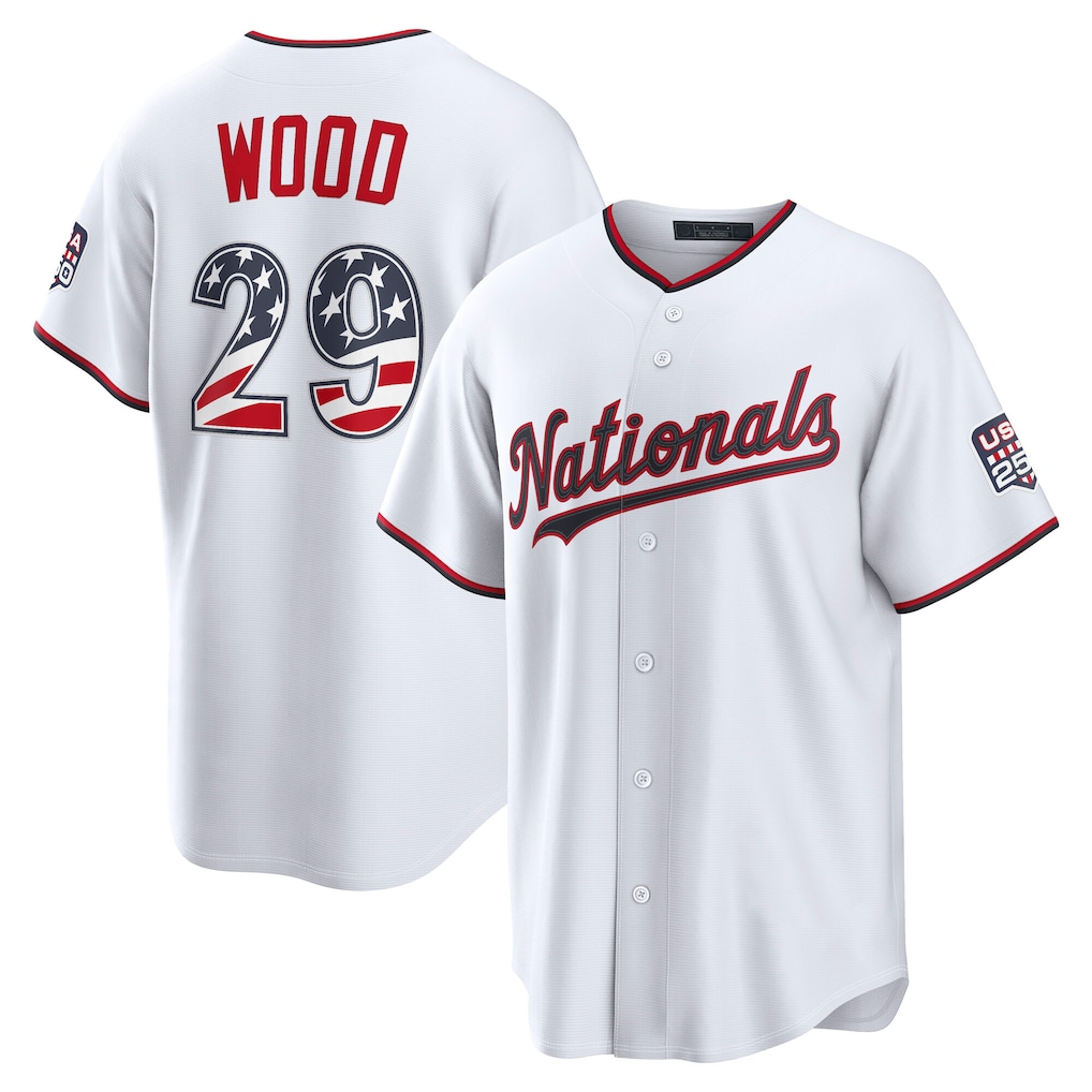 Johmsee W.Nationals #29 James Wood White USA 250 Fourth of July Home Stadium Jersey
