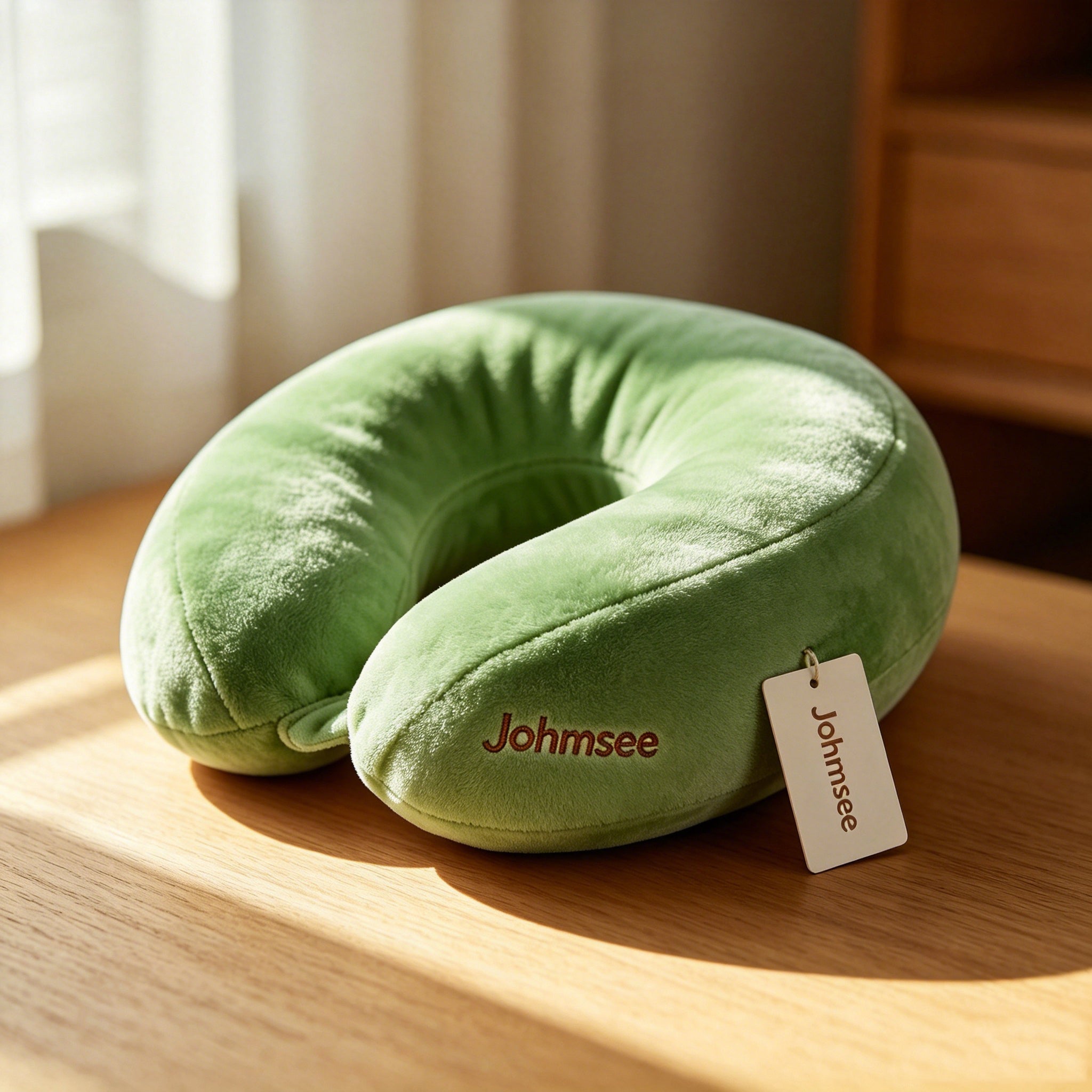 Johmsee Classic Memory Foam Green Neck Pillow, Soft Plush Breathable Travel Pillow, Ergonomic Support Headrest for Airplane, Car, Office Napping, Lightweight Portable Neck Cushion with Hang Tag