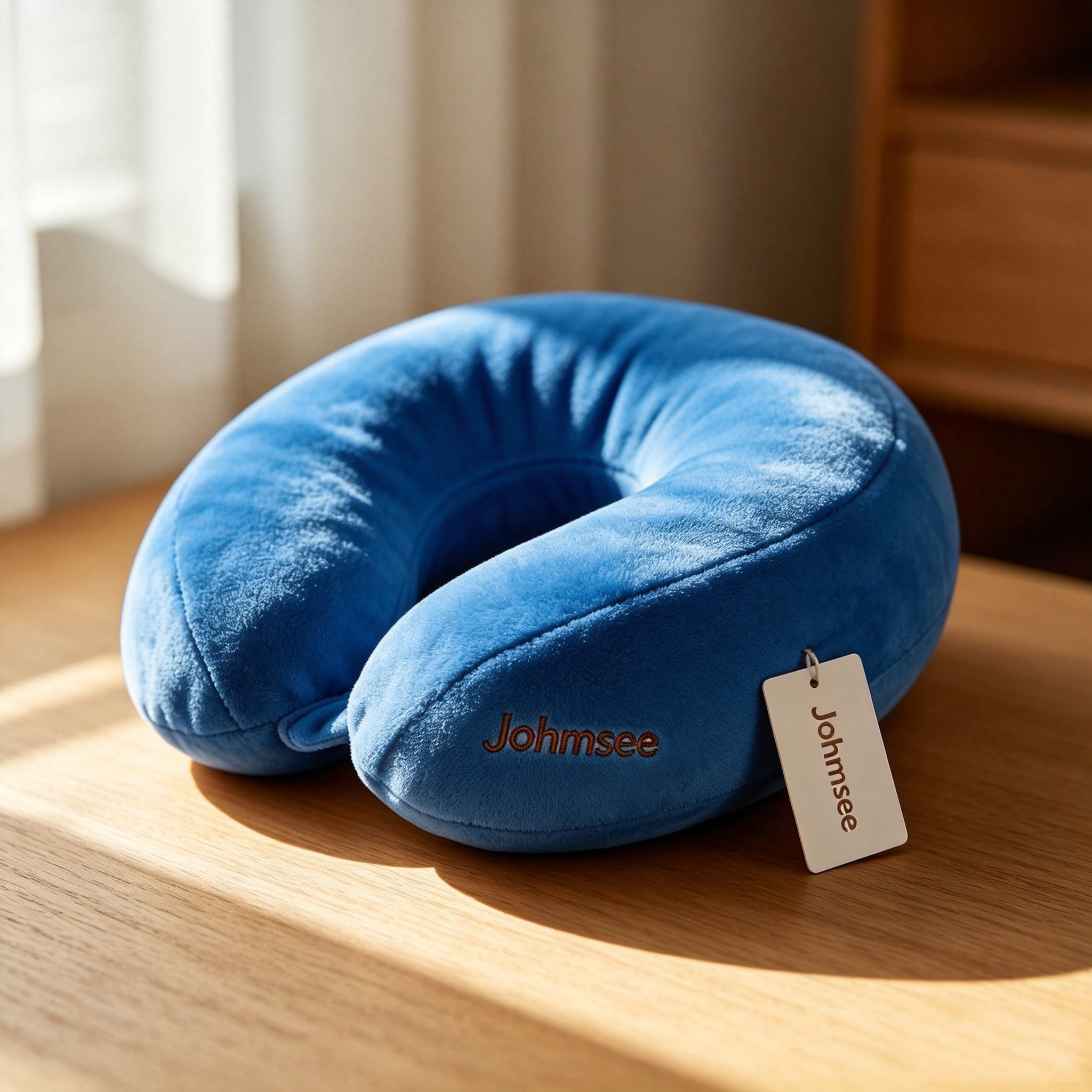 Johmsee Classic Memory Foam Blue Neck Pillow, Soft Plush Breathable Travel Pillow, Ergonomic Support Headrest for Airplane, Car, Office Napping, Lightweight Portable Neck Cushion with Hang Tag