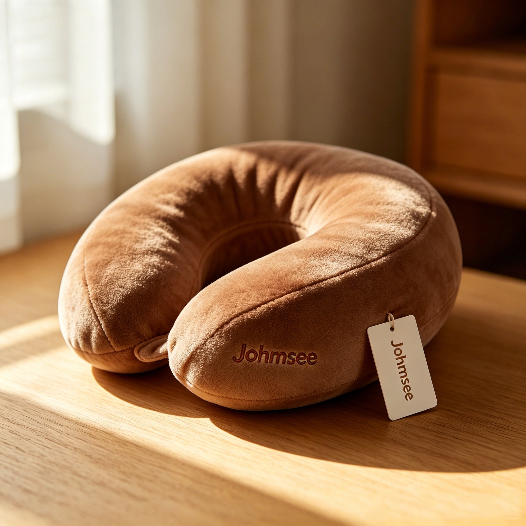 Johmsee Classic Memory Foam Brown Neck Pillow, Soft Plush Breathable Travel Pillow, Ergonomic Support Headrest for Airplane, Car, Office Napping, Lightweight Portable Neck Cushion with Hang Tag