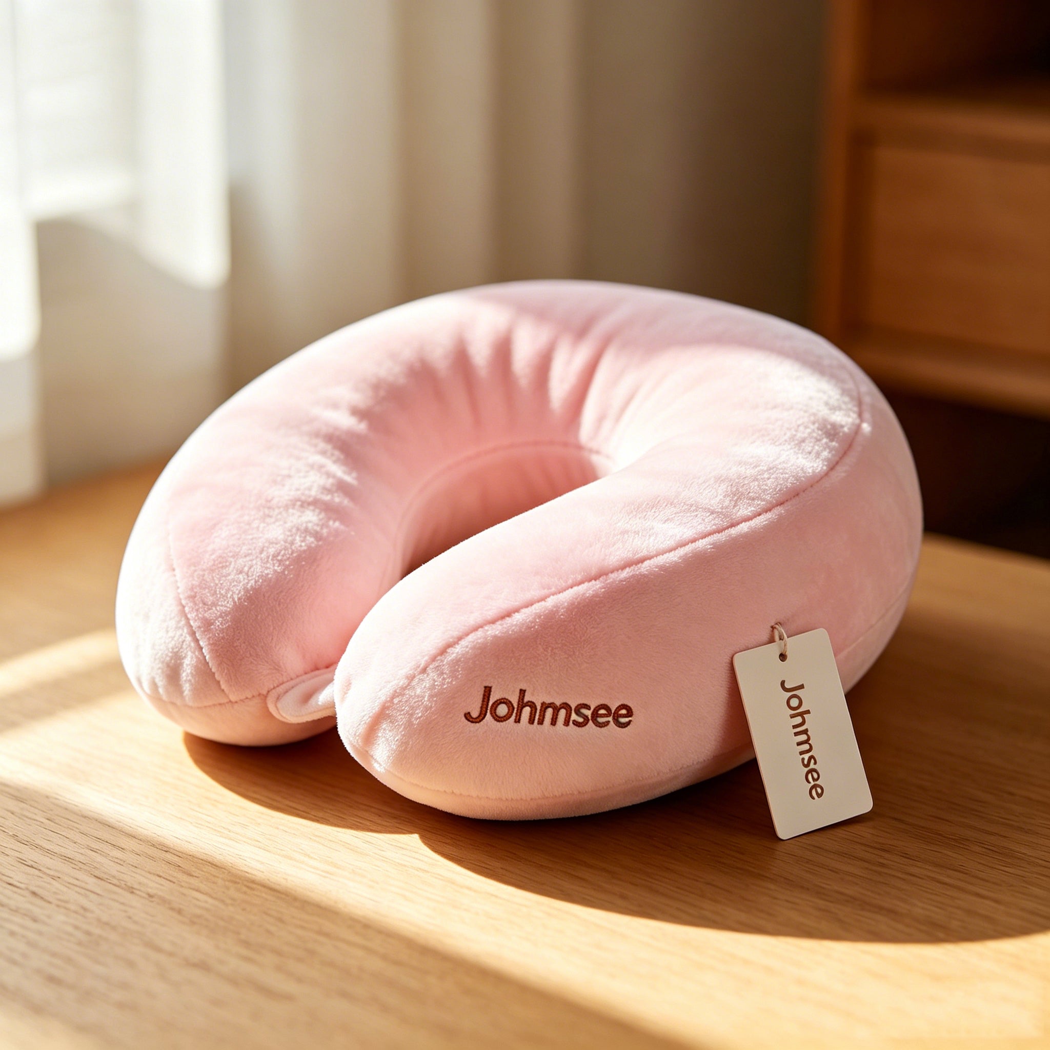 Johmsee Classic Memory Foam Pink Neck Pillow, Soft Plush Breathable Travel Pillow, Ergonomic Support Headrest for Airplane, Car, Office Napping, Lightweight Portable Neck Cushion with Hang Tag
