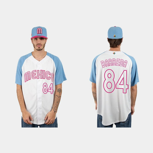 #84 MANNY BARREDA MEXICO BASEBALL 2023 WORLD BASEBALL CLASSIC JERSEY ¨C WHITE BLUE Stitches Baseball Jerseys