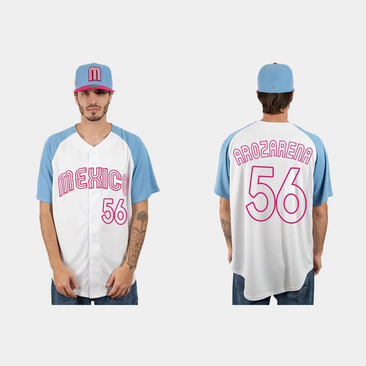 #56 RANDY AROZARENA MEXICO BASEBALL 2023 WORLD BASEBALL CLASSIC JERSEY ¨C WHITE BLUE Stitches Baseball Jerseys